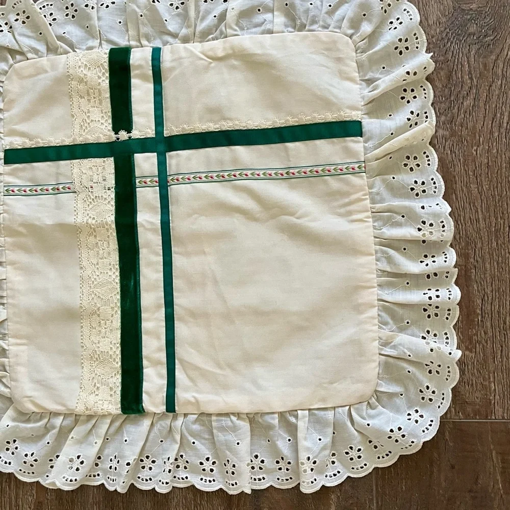 Elegant Cream and Green Holiday Pillow 15/16 inches